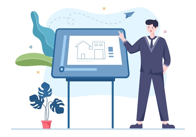 architect or engineer cartoon illustration to sketch building constructions and project miniatures