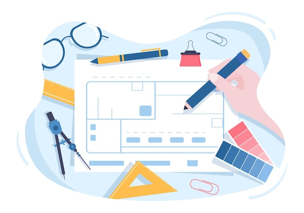 architect or engineer cartoon illustration to sketch building constructions and project miniatures