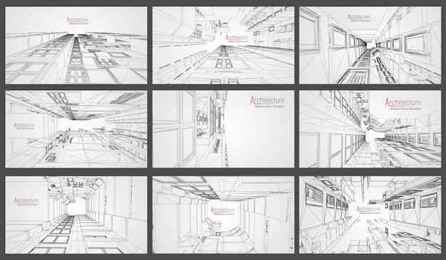 Architecture wireframe background set. Building blueprints vector. 3dbuilding wireframe architectural building. EPS 10 vector.