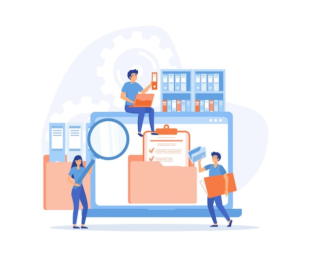 archive information storage concept People taking documents from shelves using magnifying glass and searching files in electronic database flat vector modern illustration