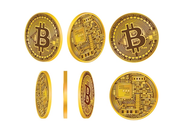 Array of Bitcoin cryptocurrency coins displayed from various angles showing intricate circuit patterns and approval markings