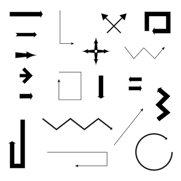 Arrow direction design Path vector shapes Geometric black symbols Minimal arrow elements