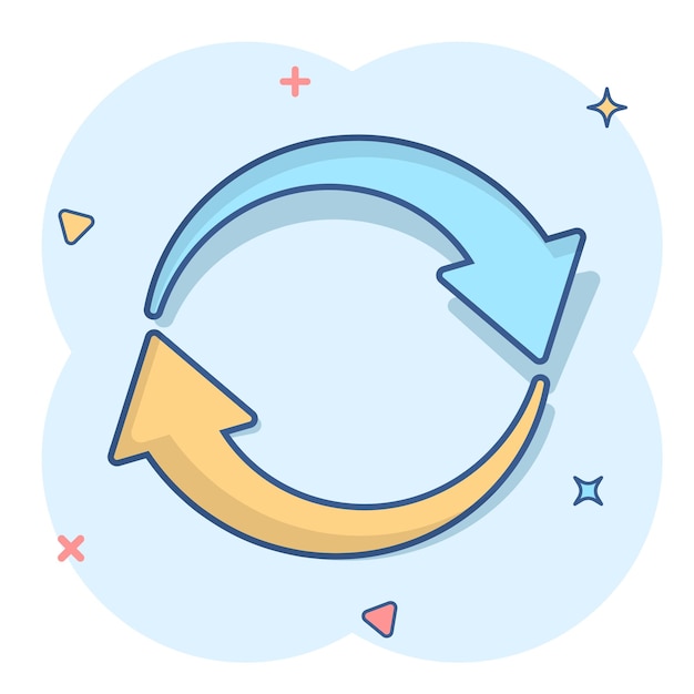 Arrow rotation icon in comic style Sync action vector cartoon illustration on white isolated background Refresh button business concept splash effect