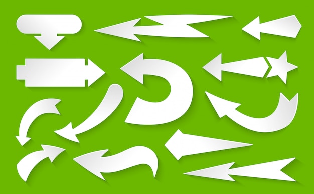 Arrow various directions white paper set. Design elements with shadows infographic collection. Cursor sign. Different symbol up, left, right, down
