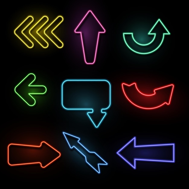 Arrows neon Light direction arrow bright frames Casino nightclub and cinema glowing outside vintage signs Blue red and yellow illuminated signboards and pointers vector isolated on black set