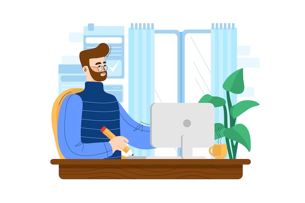 Art director of the man with beard and glasses in the workplace
