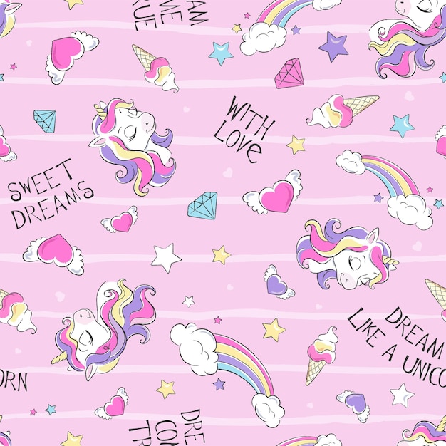 Art. Seamless unicorn pattern on a pink background. Fashion illustration print in modern style for clothes or fabrics.