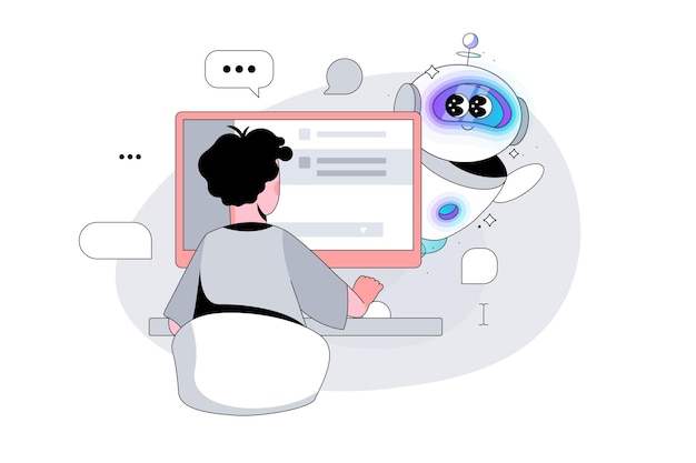 Artificial Intelligence character peeks out from behind a Computer Monitor Robot chatbot AI