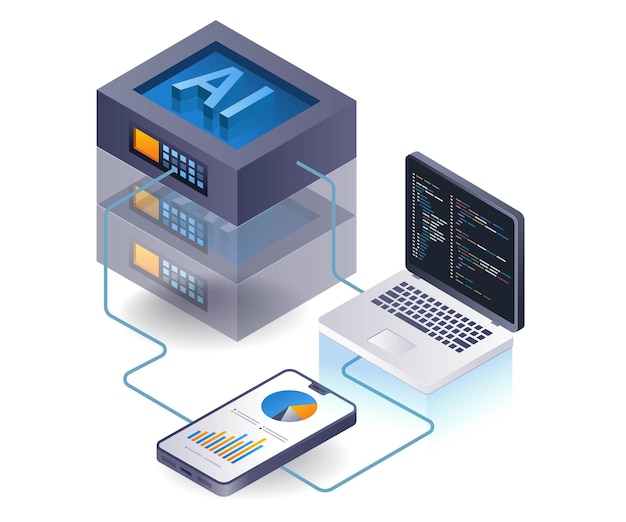 Artificial intelligence cloud server programmer analysis flat isometric 3d illustration