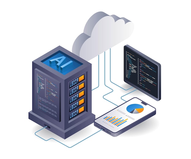 Artificial intelligence cloud server programmer flat isometric 3d illustration