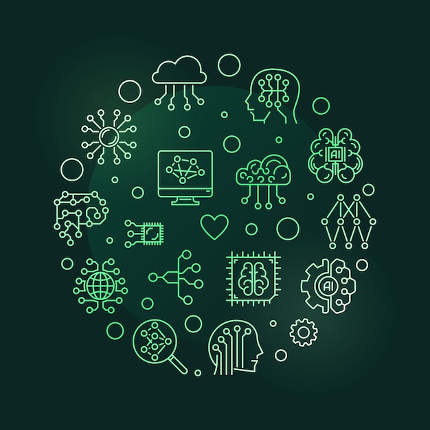 Artificial Intelligence Digital Brain Technology line round vector green banner