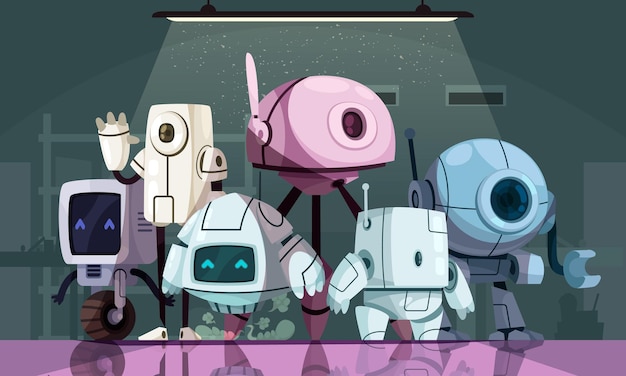 artificial intelligence futuristic design concept with group of different cartoon modern robots flat illustration