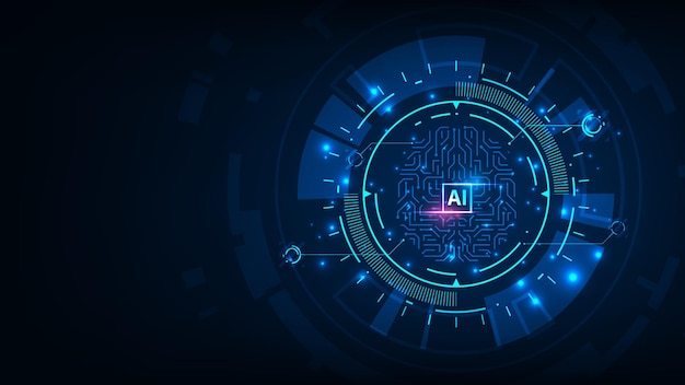 Artificial intelligence hardware microchip concept Giowing connection hologram line brain