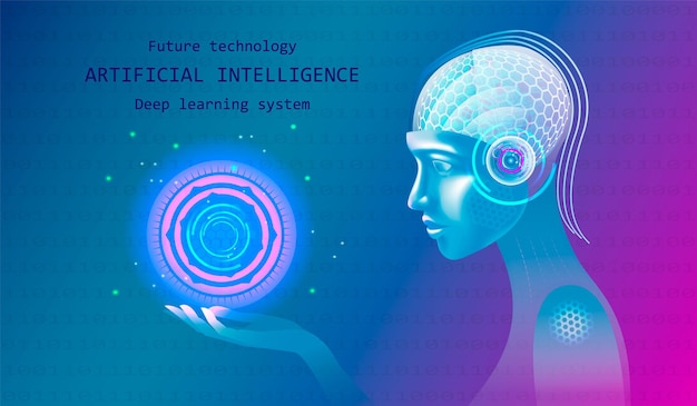 Artificial intelligence in the head of a humanoid with a neural network thinks. Female face robot. AI with Digital Brain is training in big data processing, information analysis, machine learning.