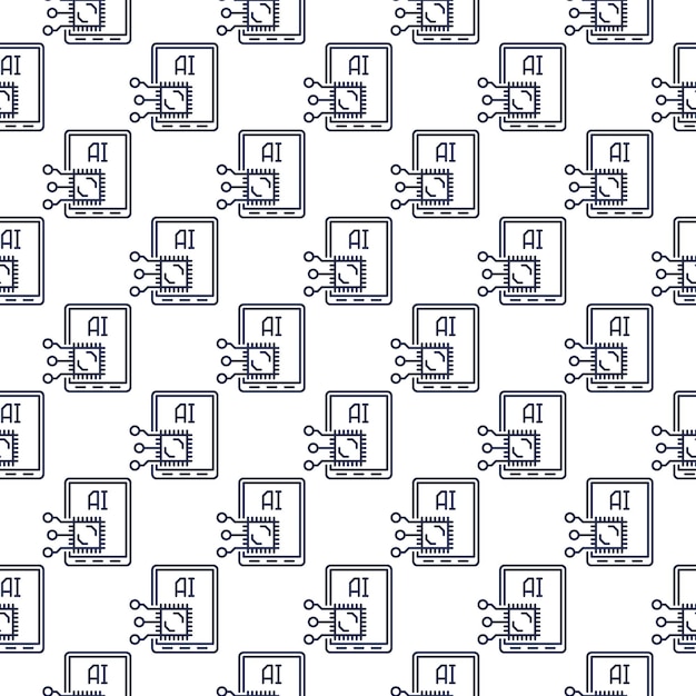 Artificial Intelligence inside Tablet vector AI Technology outline seamless pattern