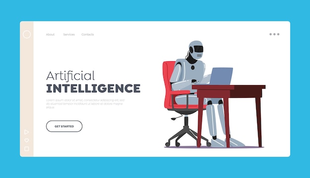 artificial intelligence landing page template ai cyborg character work on laptop at office desk multitasking rpa