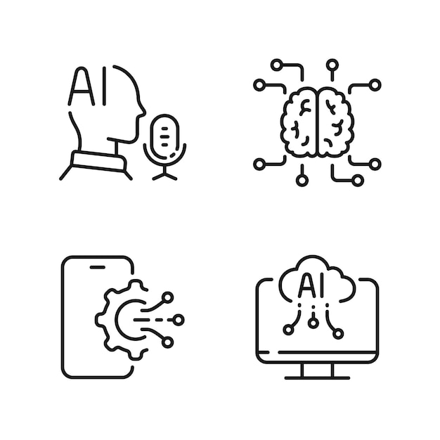 Artificial Intelligence line icons set with Voice Assistant Machine Cloud Mind Editable Stroke