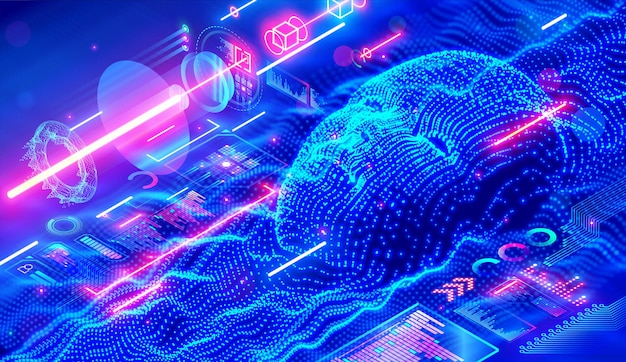 Artificial intelligence or AI in image humanoid head with anthropomorphic face analyzing flow big data Digital Brain is learning processing data analysis information AI isometric illustration