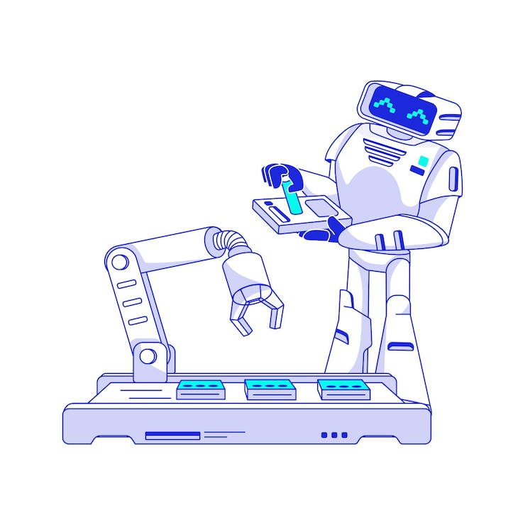 Vektör artificial intelligence robot manages production chain