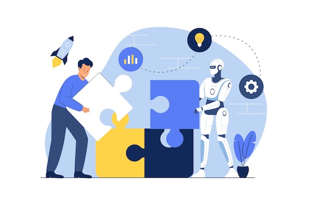 Artificial intelligence robots work together with huma