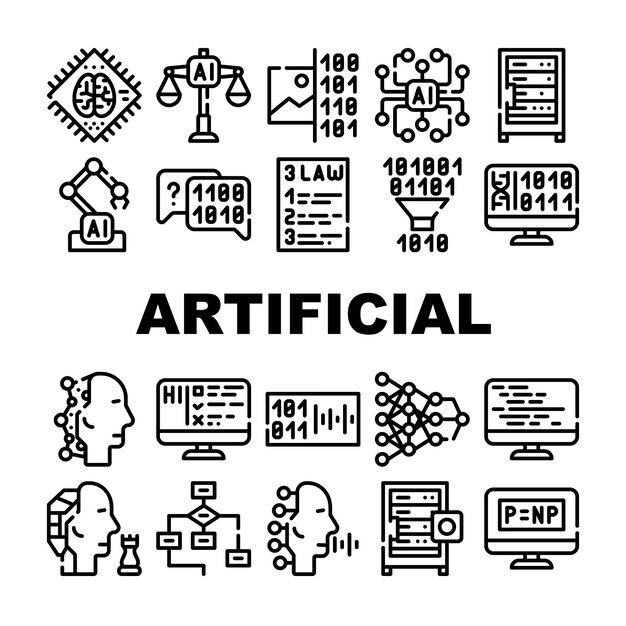Artificial Intelligence System Icons Set Vector Artificial Intelligence Binary Code And Robot Digital Brain And Robotic Arm Collection Black Contour Illustrations
