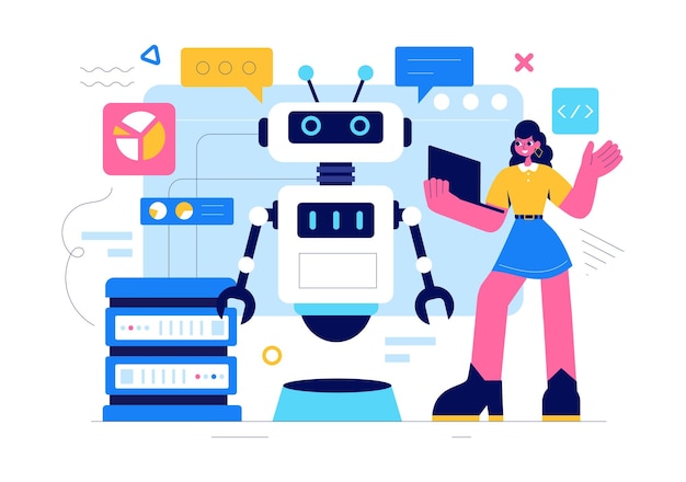 Artificial Intelligence Vector Illustration featuring a Digital Brain Technology and Engineering with a Programmer Analyzing Data or Scientific