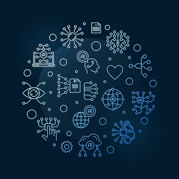 Artificial Neural Networks concept line round blue banner vector illustration