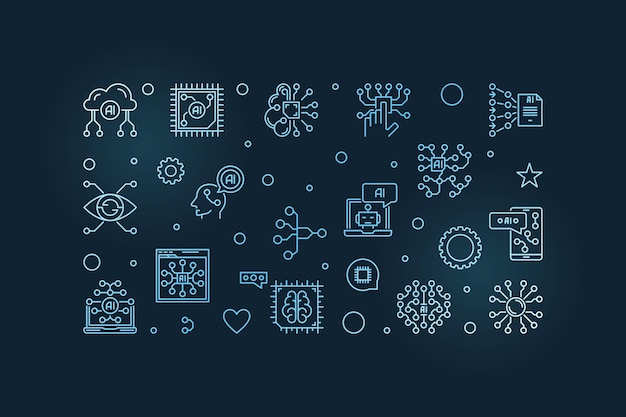 Artificial Neural Networks line blue horizontal banner vector Information Processing illustration