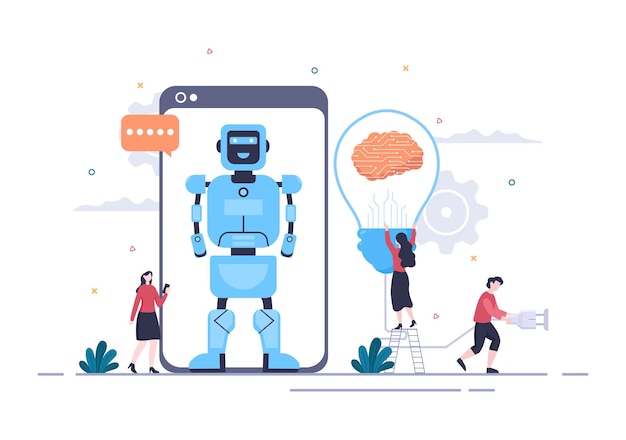 Artificiell intelligens, digital hjärnteknik och ingenjörskonst. Koncept med programmerardata eller system som kan ställas in i ett vetenskapligt sammanhang. Vektorillustration