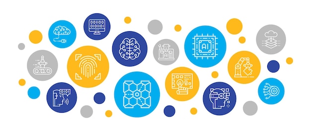 Artificiell intelligens linjeikoner banner mall Bank vektorillustration för mobilapp