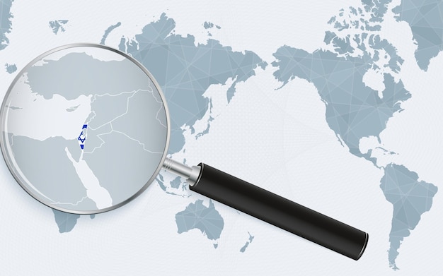Asia centered world map with magnified glass on Israel Focus on map of Israel on Pacificcentric World Map