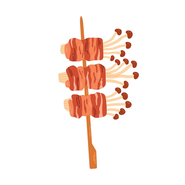 Asian Yakitori Skewers with mushrooms enoki and bacon, for asian fast food and take out restaurants.