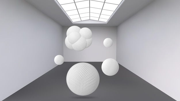 Asılı soyut çokgen nesne. Ortasında öznenin bulunduğu beyaz oda. Modern sanat objeleri için sergi alanı. Bilim kurgu nesneleri. Yapısal hacimsel ızgara.