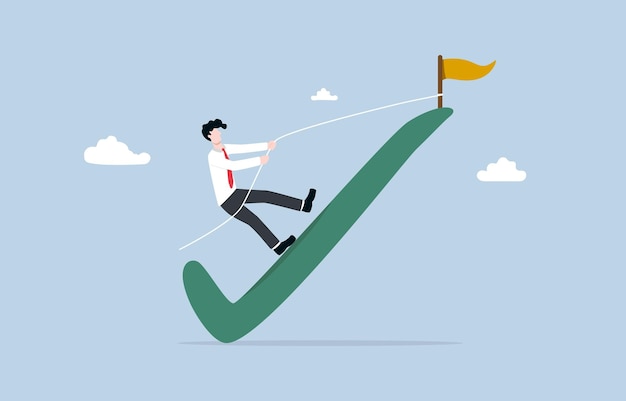 Aspiration to complete task Businessman climbing check mark to reach flag at the top