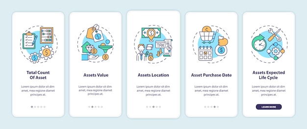 assets inventory elements onboarding mobile app page screen with concepts illustration