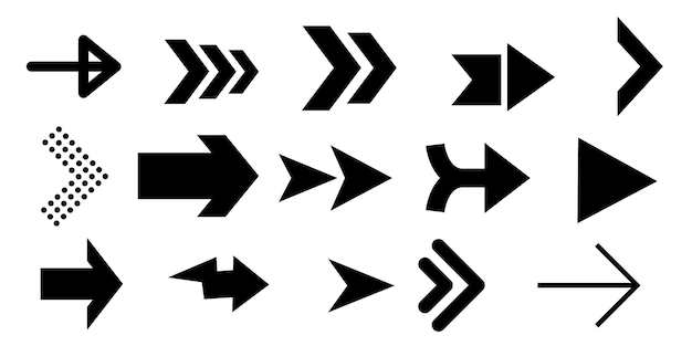Assorted arrow icons in various styles and directions Navigation and pointer symbols for design use