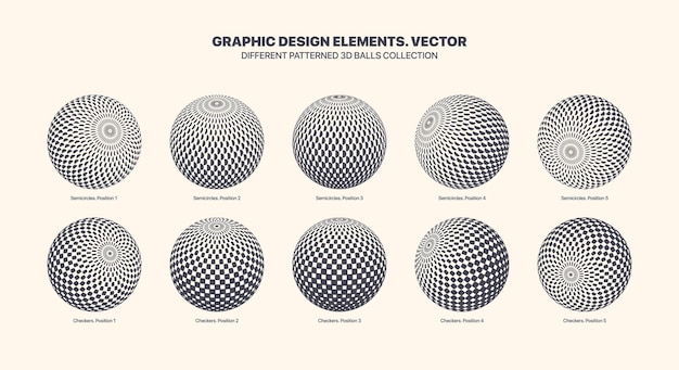 assorted various vector 3d balls in different positions with checker and semicircle halftone pattern set isolated on white background. graphic black white variety 3d spheres design elements collection
