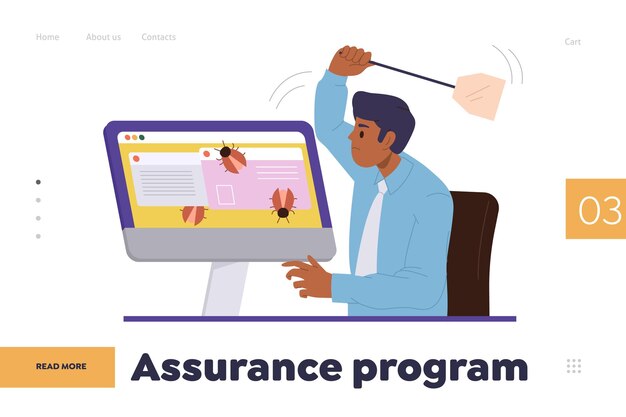 Assurance program online service landing page with man software tester cartoon character at computer fixing bugs Data analysis code checking debugging and optimization in hardware device concept