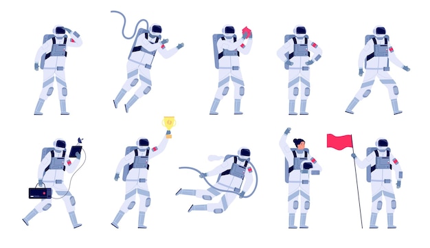 Astronaut characters Cosmonaut motion work astronauts with helmet and flag Space suit isolated spaceman flying to planets utter vector set