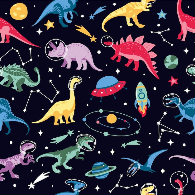 Astronaut dinosaur character design Cute space seamless pattern Dinosaurspace ship rocket vector