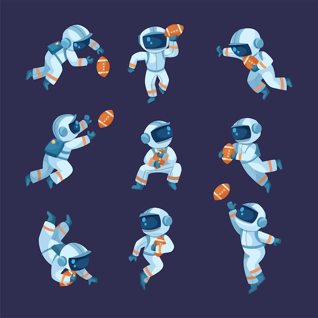 Astronaut in spacesuit playing rugby cartoon illustration set