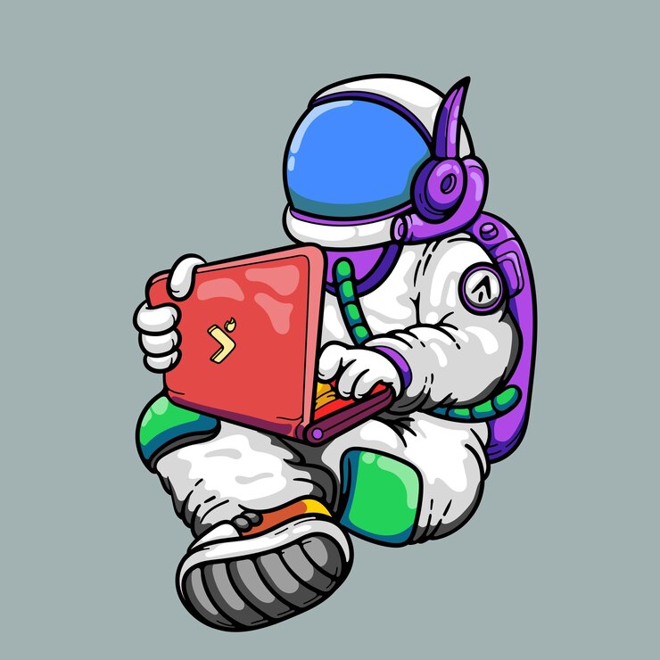 Vektor astronaut udfører arbejde med bærbar computer i rumvektor