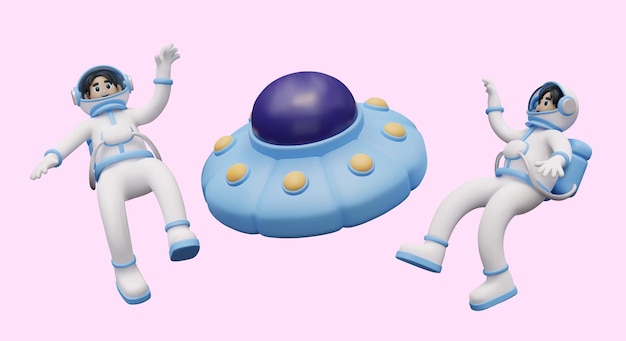 Astronauts fly in zero gravity near ufo male character in spacesuit approached flying saucer
