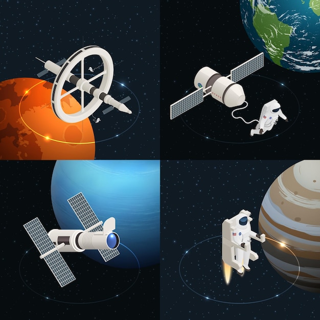 Astronomy design concept with astronauts station telescope in outer space isometric isolated