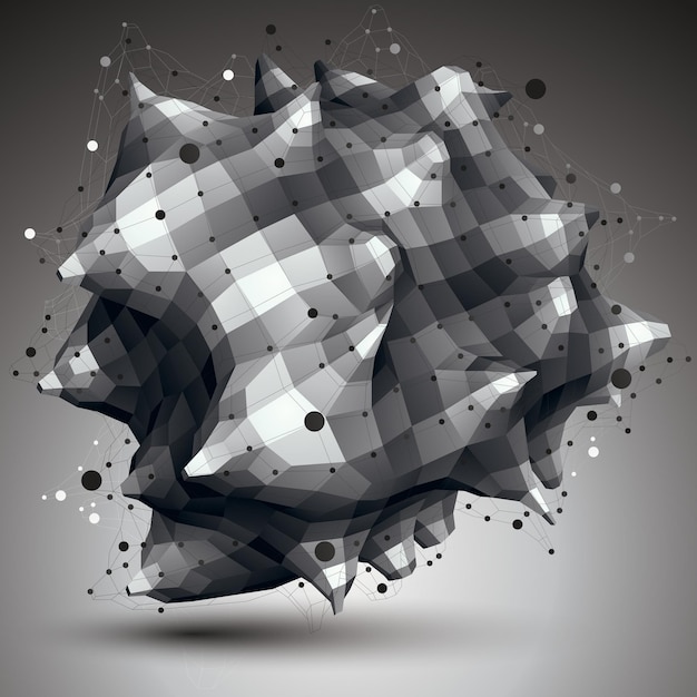 Asymmetric 3D abstract object with connected lines and dots, geometric form with lattice structure.