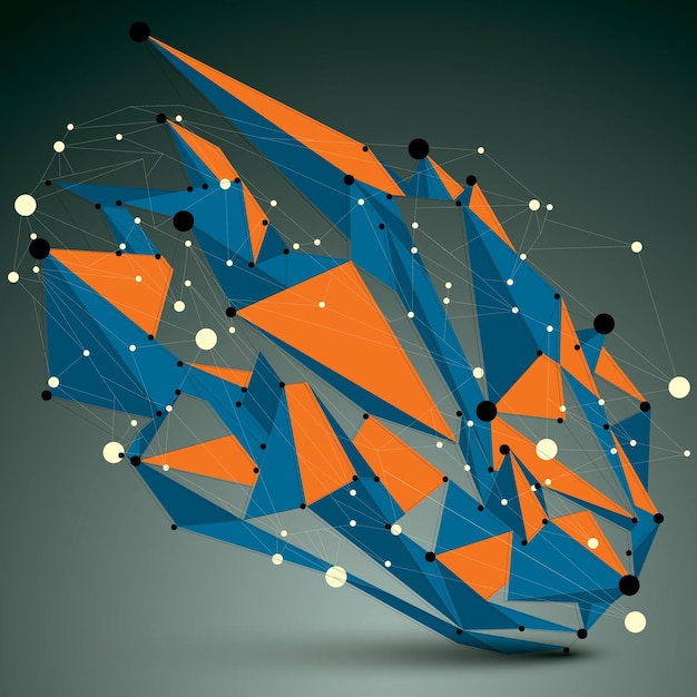 Asymmetric colorful 3D abstract vector construction with black and white connected lines and dots, geometric form with lattice structure.