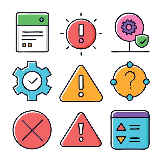 Attention alert error and mistake concept colorful linear icons color offset line icon
