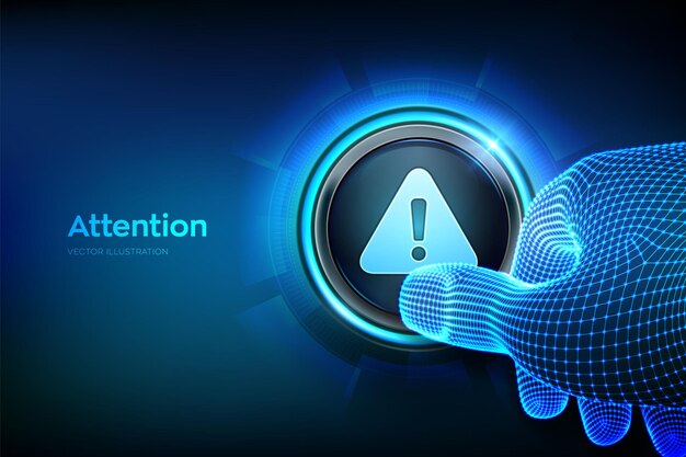 Attention button Hazard attention sign with exclamation mark symbol Alert alarm icon Danger Symbol Closeup finger about to press a button with triangle warning sign Vector Illustration