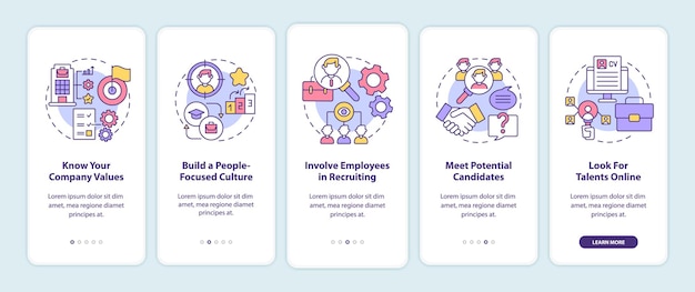 attracting top clients onboarding mobile app page screen. employees hunting walkthrough 5 steps graphic instructions with concepts. ui, ux, gui vector template with linear color illustrations