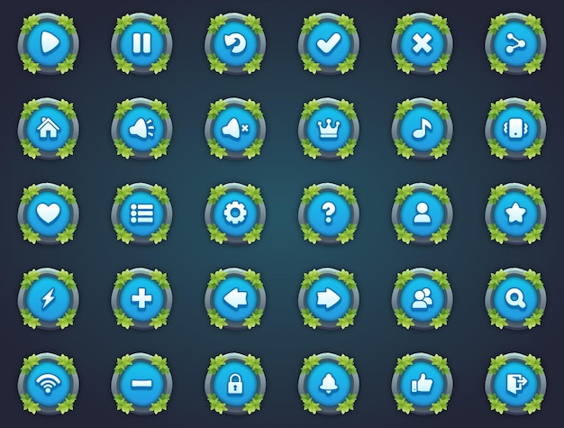 Attractive game buttons blue round stone buttons in unique leaves border designs in cartoon style